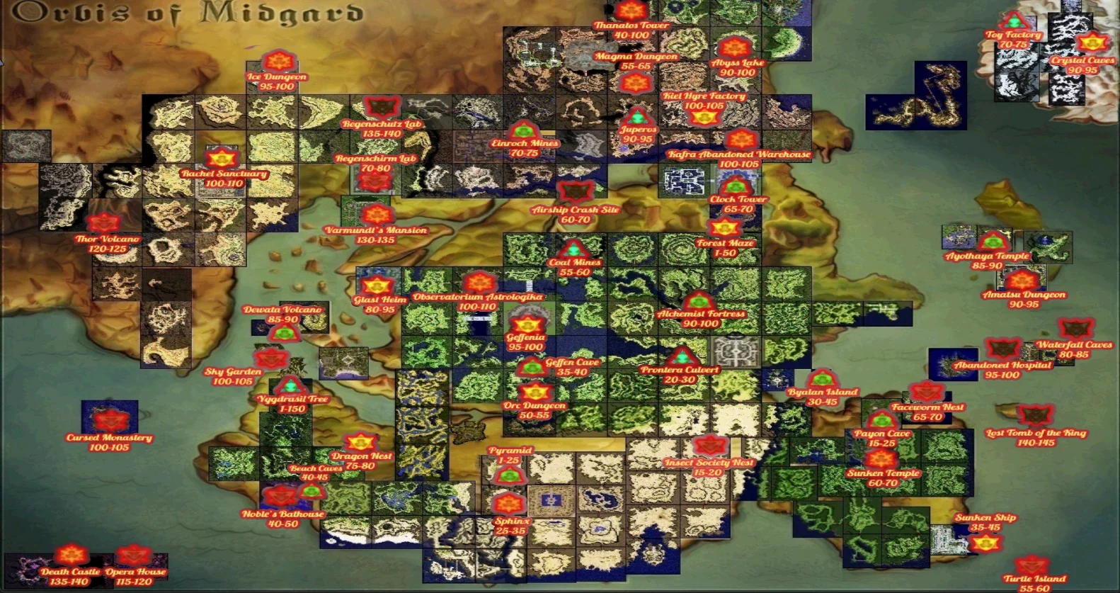 The world map of the Refuge, with every dungeon marked and its level range